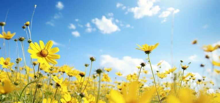 Breathtaking Display of Yellow Flowers Blossoming Against a Vibrant Blue Sky Generative AI