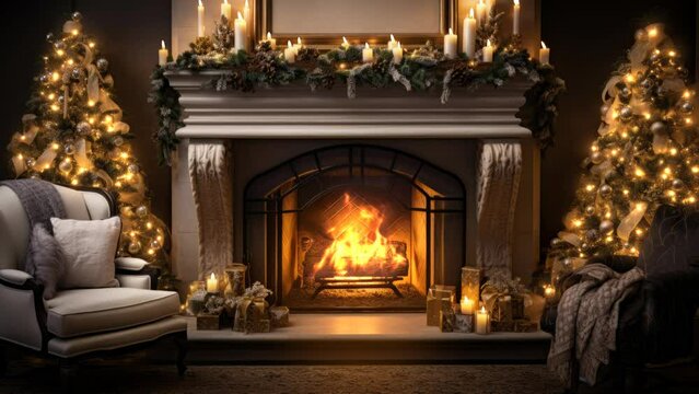 cozy fireplace, candles and christmas decoration, seamless loop, 4k
