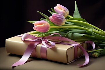 Unveil the Magic: Exquisite Gift with Purple Ribbon and Elegant Tulips Generative AI