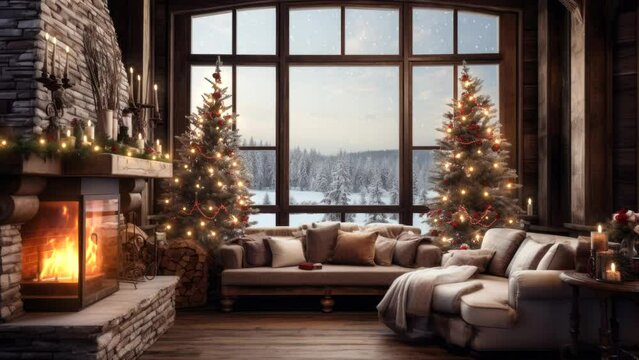 living room interior with christmas tree and candles and fireplace, snowing outside, seamless loop, 4k