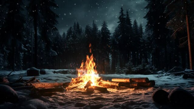 campfire in the snowy forest at night, falling snow, sparkling ember, seamless 4k loop