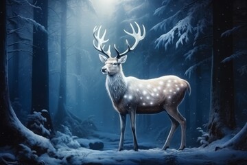 Enchanting Encounter: Majestic White Deer in the Serene Whiteness of Winter Forest Generative AI