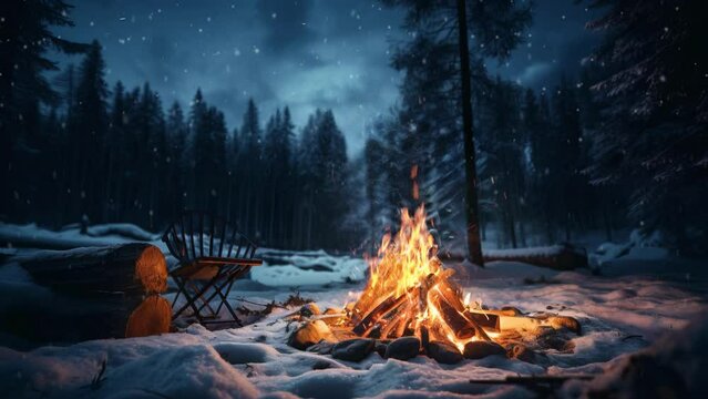 campfire in the snowy forest at night, falling snow, sparkling ember, 4k seamless loop