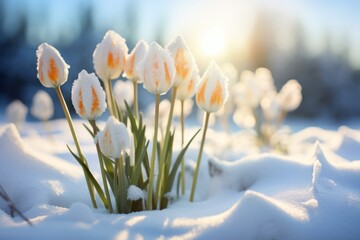 Unveiling Winter's Beauty: Serene White Tulips Blossoming Amid Snowfall Generative AI
