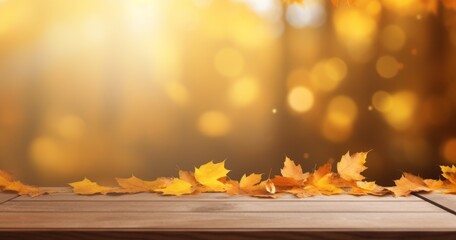 Naklejka na ściany i meble Autumn Elegance: Captivating Image of Fallen Leaves on a Rustic Wooden Table Generative AI