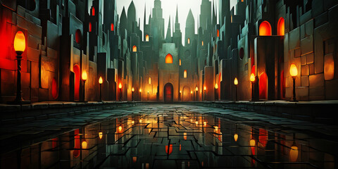 Gothic Cityscape with Lamps