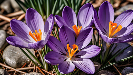 purple crocus flowers,
Bee on a of a violet spring flower,
Wild purple and yellow iris ,