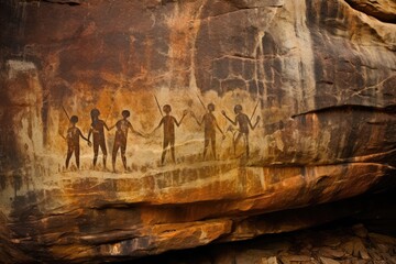 Rock art all with prehistoric aboriginal cave paintings of human silhouettes - obrazy, fototapety, plakaty