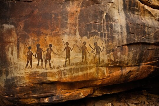 Rock art all with prehistoric aboriginal cave paintings of human silhouettes