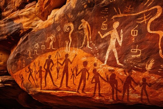 Ancient Aboriginal rock art depicting human figures and symbols