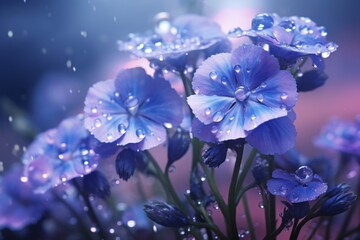 Drenched Elegance: Rain-kissed Blue Blooms Captured in a Stunning Photograph Generative AI