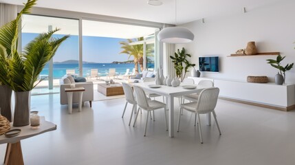 Cozy dining room in light colors and white furniture overlooking the beach with palm trees
