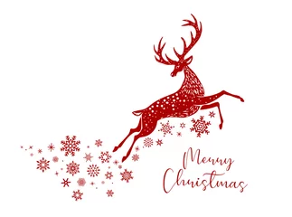 Fototapeten Christmas card with deer.Red jumping Reindeer Stag stencil drawing with snowflakes.Antlers horns.Merry Christmas Silhouette.Happy New Year.Winter decoration.Plotter Laser cutting.Holidays decor.DIY © Polina Raulina