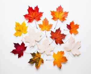 Naklejka na ściany i meble Autumn Elegance: Captivating White Background Adorned with Fall Maple Leaves Generative AI