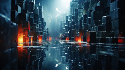 Nocturnal Cubic Cityscape with Ambient Street Lights
