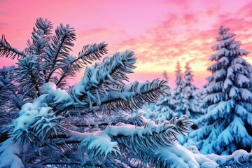 Winter Wonderland: Breathtaking Sunset on a Snow-Laden Fir Branch Generative AI