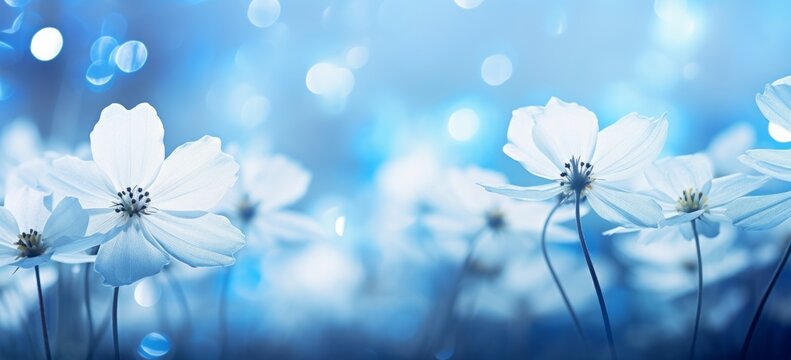Uncover the Mesmerizing Beauty: Blooms and Bokeh on a Blue Backdrop Generative AI