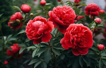 Unfolding Splendor: The Vibrant Journey of Red Peonies Thriving in a Lush Green Environment Generative AI