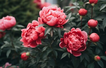 Stunning Evolution: How Beautiful Red Peonies Blossom in Green Gardens Generative AI