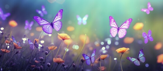 Vibrant Harmony: A Scenic Exploration of Purple and Orange Butterflies Dancing on Green Meadows Generative AI
