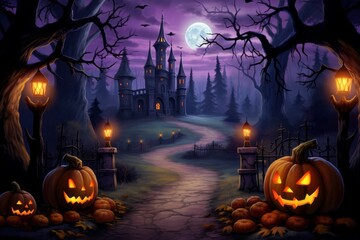 Fototapeta premium Enthralling Halloween Night: Unveiling Mysteries Behind Pumpkins! Generative AI