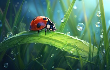 Fototapeta premium Close-Up Adventure: An Intriguing Ladybug Perched on Dew-Kissed Grass Generative AI