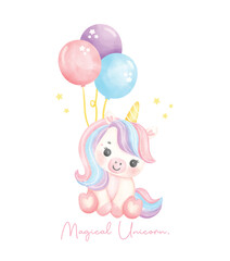 Cute unicorn with balloons watercolor nursery Art illustration. Magical Unicorn.