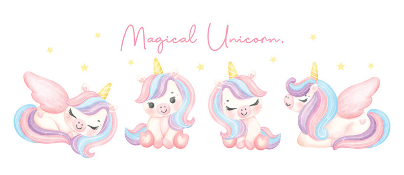 group of Cute unicorns watercolor banner, dreamy nursery Art illustration. Magical Unicorn.