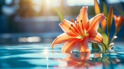 Sun-kissed Orange Lily: A Floral Spectacle by the Poolside Generative AI