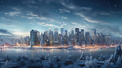 A skyline of a big city in winter with lots of snow