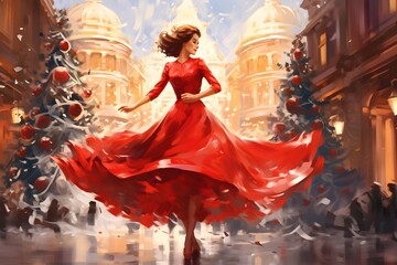 young beautiful couple dancing at Christmas, ballroom evening dress, Christmas tree in the city, New Year digital art - obrazy, fototapety, plakaty