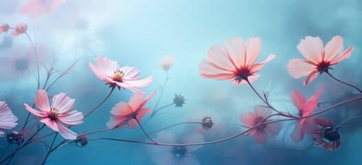 Fototapeta na wymiar Unveiling Nature's Contrasts: Captivating Pink Blossoms Against a Tranquil Blue Background Generative AI