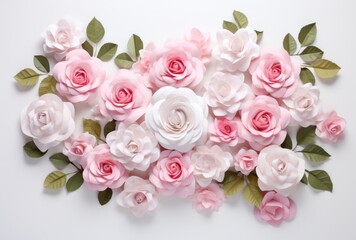 Stunning Display of Pink Roses & Leaves Over a White Wooden Background: Perfect Beauty of Nature! Generative AI