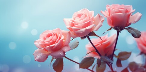 Captivating Display: Delicate Pink Roses Adorned in a Majestic Blue Setting Generative AI - obrazy, fototapety, plakaty