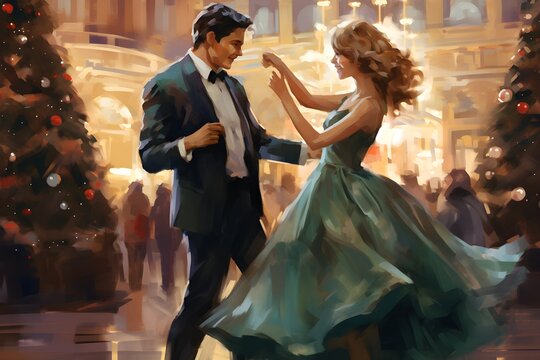 young beautiful couple dancing at Christmas, ballroom evening dress, Christmas tree in the city, New Year digital art