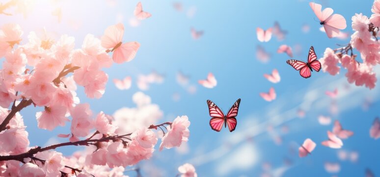 Whimsical Elegance: Blossoming Pink Trees Dancing with Butterflies under Sunlit Skies Generative AI