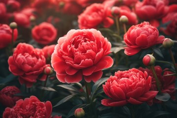 Unveiling the Radiant Beauty: Spectacular Red Peonies Blossoming in the Garden Generative AI