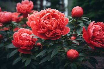Exquisite Bloom: A Spectacular Display of Red Peonies in a Garden by Suo_4 Generative AI - obrazy, fototapety, plakaty
