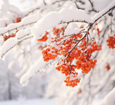 Frozen Wonderland: Stunning View of Red Berries Adorning Snow-Kissed Trees Generative AI