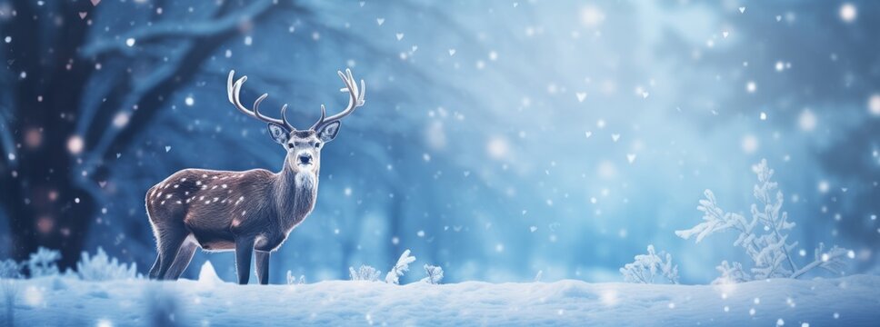 Enchanting Winter Wonderland: Majestic Deer in Snow-Covered Scenery Generative AI