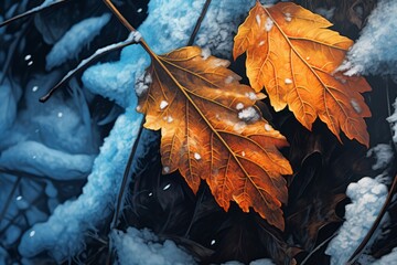 Frosty Brilliance: A Vivid Depiction of Winter Leaves in Snow Generative AI