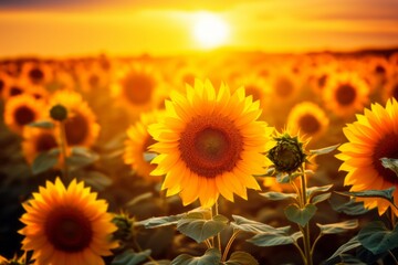 Radiant Sunsets: Majestic View of a Sunflower Field Under the Glistening Sun Generative AI