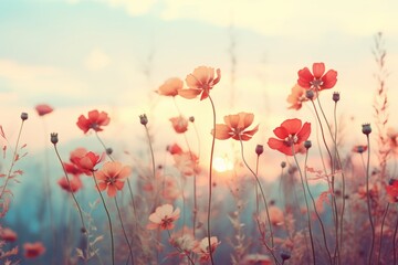 Enchanting Sundown: Scarlet Blooms Adorning the Serene Meadow Generative AI