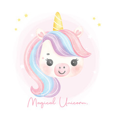 Cute unicorn face watercolor dreamy nursery Art illustration. Magical Unicorn.