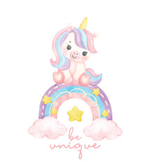 Cute pink unicorn with rainbow watercolor nursery Art illustration. Be unique.