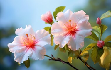 Tranquil Beauty: The Spectacular Trio of Pink Blossoms against a Lush Green Canvas Generative AI