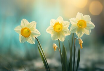 Experience the Subtle Elegance of Three Natural Daffodils in Full Bloom - Unveil the Beauty! Generative AI - obrazy, fototapety, plakaty