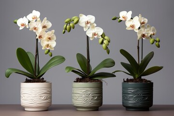 Exquisite Trio: Unveiling the Beauty of Potted Orchids - A Statement of Elegance & Sophistication Generative AI