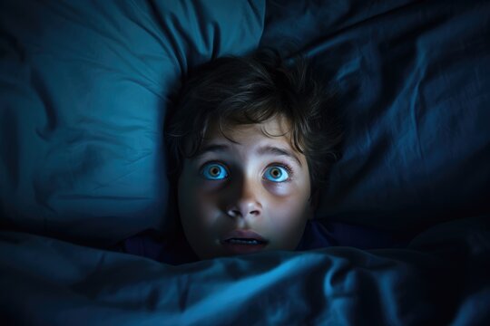 Portrait of a 10 years old kid lying down on the bed, face scared, dark mood, looking at camera from directly above.