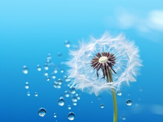 Stunning Display of Water-Drop on Dandelion Against Mesmerizing Blue Background Generative AI